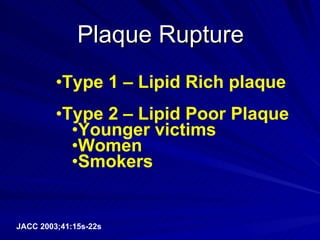Plaque Rupture Type 1 – Lipid Rich plaque Type 2 – Lipid Poor Plaque Younger victims Women Smokers JACC 2003;41:15s-22s 