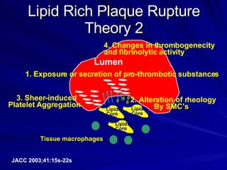Lipid Rich Plaque Rupture Theory 2 1. Exposure or secretion of pro-thrombotic substances Lumen 2. Alteration of rheology By SMC’s  3. Sheer-induced Platelet Aggregation  4. Changes in thrombogenecity and fibrinolytic activity  JACC 2003;41:15s-22s Tissue macrophages Lipid Core Lipid Core Lipid Core 