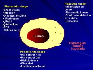 Placa Alto riesgo Inflamacion en  curso Placa/radio lumen Grado remodelacion excentrica Ubicacion Plasma Alto riesgo Sheer Stress Infeccion Diabetes/ Insulina Fibrinogen PAI-1 Interleukina PCR Celulas activadas Paciente Alto riesgo Mal control HTA Mal control DM Dislipiodemia Obesidad Insuficiencia Renal Lumen Estrategias  Terapia integrada 