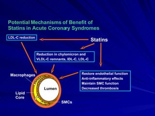 Lumen Statins LDL-C reduction Reduction in chylomicron and  VLDL-C remnants, IDL-C, LDL-C Lipid  Core Macrophages SMCs Restore endothelial function Anti-inflammatory effects Maintain SMC function  Decreased thrombosis Potential Mechanisms of Benefit of Statins in Acute Coronary Syndromes 