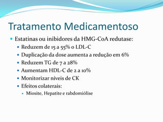 Tratamento Medicamentoso
 Estatinas ou inibidores da HMG-CoA redutase:
    Reduzem de 15 a 55% o LDL-C
    Duplicação da dose aumenta a redução em 6%
    Reduzem TG de 7 a 28%
    Aumentam HDL-C de 2 a 10%
    Monitorizar níveis de CK
    Efeitos colaterais:
       Miosite, Hepatite e rabdomiólise
 