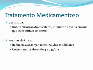 Tratamento Medicamentoso
 Ezetimiba:
    Inibe a absorção do colesterol, inibindo a ação da enzima
     que transporta o colesterol


 Resinas de troca:
    Reduzem a absorção intestinal dos sais biliares
    Colestiramina: doses de 4 a 24g/dia
 