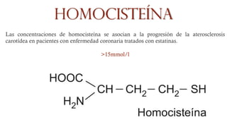 Homocisteína
Las concentraciones de homocisteína se asocian a la progresión de la aterosclerosis
carotídea en pacientes con enfermedad coronaria tratados con estatinas.
>15mmol/l
 