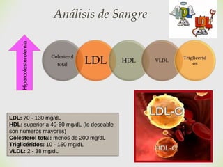 Análisis de Sangre
LDL: 70 - 130 mg/dL
HDL: superior a 40-60 mg/dL (lo deseable
son números mayores)
Colesterol total: menos de 200 mg/dL
Triglicéridos: 10 - 150 mg/dL
VLDL: 2 - 38 mg/dL
Hipercolesterolemia
 