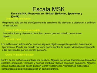 Escala MSK
        Escala M.S.K. (Propuesta en 1964 por Medveder, Sponhever y
        Kamik)
    Grado I: no perceptible
 Registrado sólo por los sismógrafos más sensibles. No afecta ni a objetos ni a edificios
 ni estructuras.
   Grado II: difícilmente perceptible
 Las estructuras y objetos no lo notan, pero sí pueden notarlo personas en
 reposo.
   Grado III: débil

Los edificios no sufren daño, aunque algunos objetos colgantes pueden balancearse
 ligeramente. Puede ser notado por unos pocos dentro de casas. Vibración comparable
 a las provocadas por un camión pequeño.
   Grado IV: bastante notado

Dentro de los edificios es notado por muchos. Algunas personas dormidas se despiertan.
Cristales, porcelana, ventanas y puertas tiemblan y hacen pequeños golpeteos. Algunos
pocos mueblesque no pesen pueden vibrar visiblemente. Vibraciones moderadas,
comparadas a las provocadas por un camión grande.
 