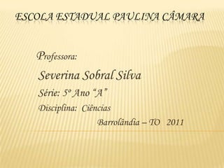 Escola Estadual paulina Câmara Professora: Severina Sobral Silva Série: 5º Ano “A”      Disciplina:  Ciências Barrolândia – TO   2011 