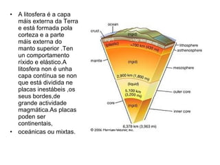 A litosfera é a capa máis externa da Terra e está formada pola corteza e a parte máis externa do manto superior .Ten un comportamento ríxido e elástico.A litosfera non é unha capa contínua se non que está dividida ne placas inestábeis ,os seus bordes,de grande actividade magmática.As placas poden ser continentais, oceánicas ou mixtas. 