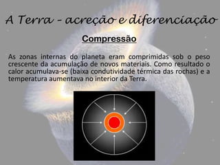 A Terra – acreção e diferenciação
                      Compressão
As zonas internas do planeta eram comprimidas sob o peso
crescente da acumulação de novos materiais. Como resultado o
calor acumulava-se (baixa condutividade térmica das rochas) e a
temperatura aumentava no interior da Terra.
 
