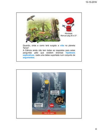 10-10-2016
6
Quando, onde e como terá surgido a vida no planeta
Terra?
A Ciência ainda não tem todas as respostas para estas
perguntas pelo que existem diversas hipóteses
explicativas, cada uma delas suportada num conjunto de
argumentos.
Atividade
Manual pág.26 e 27
Bactérias
Chaminé
hidrotermal
Depósitos
minerais
Calor do magma
Água
2o
350o
200o
 