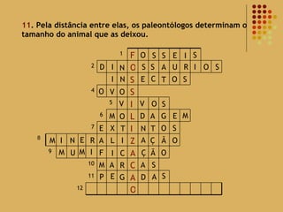 11 . Pela distância entre elas, os paleontólogos determinam o tamanho do animal que as deixou. 8 O S S E I S D I N S S A U R I O S I N E C T O S O O V V V O S M O A G E M D E X T N O T S M I N E R A L I A Ç Ã O M U M I F I C Ç Ã O M A R A S P E G D A S 12 O A 11 C 10 A 9 Z I 7 L 6 I 5 S 4 S O 2 F 1 