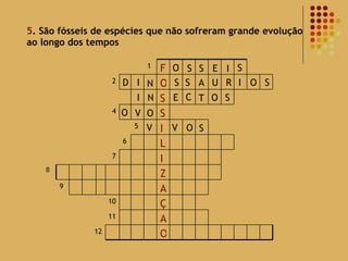 5 . São fósseis de espécies que não sofreram grande evolução ao longo dos tempos 8 O S S E I S D I N S S A U R I O S I N E C T O S O O V V V O S 12 O A 11 Ç 10 A 9 Z I 7 L 6 I 5 S 4 S O 2 F 1 