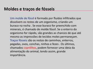 Moldes e traços de fósseis
Um molde de fóssil é formado por fluidos infiltrados que
dissolvem os restos de um organismo, criando um
buraco na rocha . Se esse buraco for preenchido com
minerais, é chamado de molde fóssil. Se o enterro do
organismo for rápido, são grandes as chances de que até
mesmo as impressões de tecidos moles permaneçam.
Traços fósseis são os restos de caminhos, enterros,
pegadas, ovos, conchas, ninhos e fezes . Os últimos,
chamados coprólitos, podem fornecer uma ideia da
alimentação do animal, tendo assim, grande
importância.
 