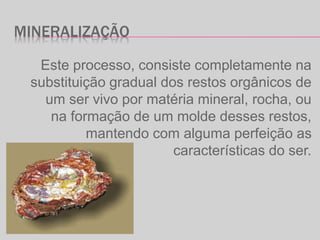 MINERALIZAÇÃO
Este processo, consiste completamente na
substituição gradual dos restos orgânicos de
um ser vivo por matéria mineral, rocha, ou
na formação de um molde desses restos,
mantendo com alguma perfeição as
características do ser.
 