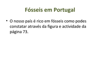 Fósseis em Portugal 
• O nosso país é rico em fósseis como podes 
constatar através da figura e actividade da 
página 73. 

