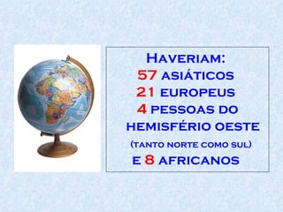 Haveriam:  57  asiáticos  21  europeus  4  pessoas do hemisfério oeste  (tanto norte como sul)   e   8  africanos  