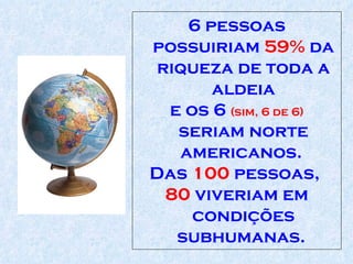 6 pessoas possuiriam  59%  da riqueza de toda a aldeia e os 6  (sim, 6 de 6)  seriam norte americanos.  Das  100  pessoas,  80  viveriam em condições   subhumanas .   