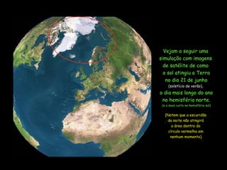 Vejam a seguir uma  simulação com imagens  de satélite de como  o sol atingiu a Terra no dia 21 de junho ( solstício  de verão),  o dia mais longo do ano no hemisfério norte. (e o mais curto no hemisfério sul) (Notem que a escuridão  da noite não atingirá  a área dentro do  círculo vermelho em  nenhum momento). 