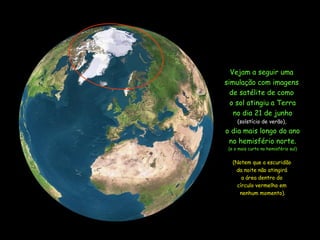 Vejam a seguir uma
simulação com imagens
de satélite de como
o sol atingiu a Terra
no dia 21 de junho
(solstício de verão),
o dia mais longo do ano
no hemisfério norte.
(e o mais curto no hemisfério sul)
(Notem que a escuridão
da noite não atingirá
a área dentro do
círculo vermelho em
nenhum momento).
 