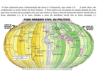 - O fuso referencial para a determinação das horas é o Greenwich, cujo centro é 0 .       A partir disso, são
estabelecidos os outros limites de fusos horários. A Terra realiza seu movimento de rotação girando de oeste
para leste em torno do seu próprio eixo, por esse motivo os fusos a leste de Greenwich (marco inicial) têm as
horas adiantadas (+); já os fusos situados a oeste do meridiano inicial têm as horas atrasadas (-).
 