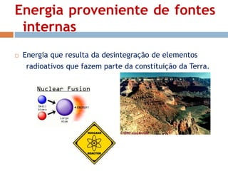 Energia proveniente de fontes 
internas 
 Energia que resulta da desintegração de elementos 
radioativos que fazem parte da constituição da Terra. 
 