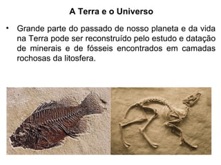 A Terra e o Universo
• Grande parte do passado de nosso planeta e da vida
na Terra pode ser reconstruído pelo estudo e datação
de minerais e de fósseis encontrados em camadas
rochosas da litosfera.
 