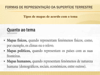 FORMAS DE REPRESENTAÇÃO DA SUPERFÍCIE TERRESTRE

         Tipos de mapas de acordo com o tema
 