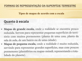 FORMAS DE REPRESENTAÇÃO DA SUPERFÍCIE TERRESTRE

         Tipos de mapas de acordo com a escala
 