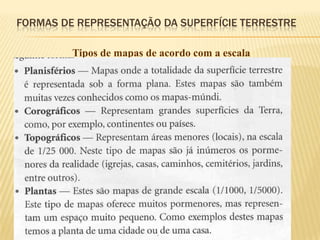 FORMAS DE REPRESENTAÇÃO DA SUPERFÍCIE TERRESTRE

         Tipos de mapas de acordo com a escala
 