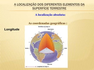 A LOCALIZAÇÃO DOS DIFERENTES ELEMENTOS DA
                SUPERFÍCIE TERRESTRE
                 A localização absoluta:

             As coordenadas geográficas :
Longitude
 