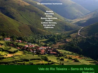 Os elementos humanos



      .Hotéis
     Estradas
      Casas
  Áreas Agrícolas
      Pontes
  Linhas férreas,
    Aeroportos
     Fábricas




Vale do Rio Teixeira – Serra do Marão,
 