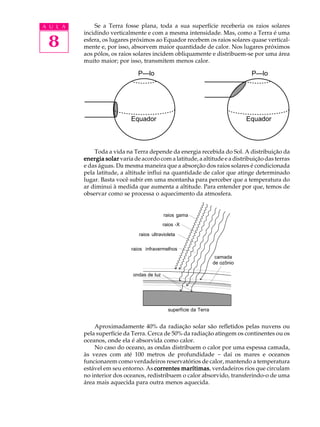A U L A       Se a Terra fosse plana, toda a sua superfície receberia os raios solares
          incidindo verticalmente e com a mesma intensidade. Mas, como a Terra é uma

 8        esfera, os lugares próximos ao Equador recebem os raios solares quase vertical-
          mente e, por isso, absorvem maior quantidade de calor. Nos lugares próximos
          aos pólos, os raios solares incidem obliquamente e distribuem-se por uma área
          muito maior; por isso, transmitem menos calor.

                                P—lo                                              P—lo




                             Equador                                             Equador



              Toda a vida na Terra depende da energia recebida do Sol. A distribuição da
          energia solar varia de acordo com a latitude, a altitude e a distribuição das terras
          e das águas. Da mesma maneira que a absorção dos raios solares é condicionada
          pela latitude, a altitude influi na quantidade de calor que atinge determinado
          lugar. Basta você subir em uma montanha para perceber que a temperatura do
          ar diminui à medida que aumenta a altitude. Para entender por que, temos de
          observar como se processa o aquecimento da atmosfera.


                                             raios gama
                                             raios -X

                                raios ultravioleta


                             raios infravermelhos
                                                                      camada
                                                                     de ozônio

                              ondas de luz




                                               superfície da Terra


              Aproximadamente 40% da radiação solar são refletidos pelas nuvens ou
          pela superfície da Terra. Cerca de 50% da radiação atingem os continentes ou os
          oceanos, onde ela é absorvida como calor.
              No caso do oceano, as ondas distribuem o calor por uma espessa camada,
          às vezes com até 100 metros de profundidade - daí os mares e oceanos
          funcionarem como verdadeiros reservatórios de calor, mantendo a temperatura
          estável em seu entorno. As correntes marítimas verdadeiros rios que circulam
                                                marítimas,
          no interior dos oceanos, redistribuem o calor absorvido, transferindo-o de uma
          área mais aquecida para outra menos aquecida.
 