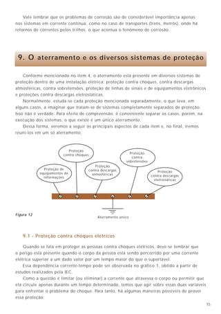 Vale lembrar que os problemas de corrosão são de considerável importância apenas
nos sistemas em corrente contínua, como no caso de transportes (trens, metrôs), onde há
retornos de correntes pelos trilhos, o que acentua o fenômeno de corrosão.




 9. O aterramento e os diversos sistemas de proteção

    Conforme mencionado no item 4, o aterramento está presente em diversos sistemas de
proteção dentro de uma instalação elétrica: proteção contra choques, contra descargas
atmosféricas, contra sobretensões, proteção de linhas de sinais e de equipamentos eletrônicos
e proteções contra descargas eletrostáticas.
    Normalmente, estuda-se cada proteção mencionada separadamente, o que leva, em
alguns casos, a imaginar que tratam-se de sistemas completamente separados de proteção.
Isso não é verdade. Para efeito de compreensão, é conveniente separar os casos, porém, na
execução dos sistemas, o que existe é um único aterramento.
    Dessa forma, veremos a seguir os principais aspectos de cada item e, no final, iremos
reuní-los em um só aterramento.



                           Proteção
                        contra choques                     Proteção
                                                            contra
                                                         sobretensões
                                         Proteção
              Proteção de            contra descargas
            equipamentos de                                                Proteção
                                       atmosféricas                     contra descargas
              informações
                                                                         eletrostáticas




Figura 12
                                          Aterramento único




    9.1 - Proteção contra choques elétricos

    Quando se fala em proteger as pessoas contra choques elétricos, deve-se lembrar que
o perigo está presente quando o corpo da pessoa está sendo percorrido por uma corrente
elétrica superior a um dado valor por um tempo maior do que o suportável.
    Essa dependência corrente-tempo pode ser observada no gráfico 1, obtido a partir de
estudos realizados pela IEC.
    Como a questão é limitar (ou eliminar) a corrente que atravessa o corpo ou permitir que
ela circule apenas durante um tempo determinado, temos que agir sobre essas duas variáveis
para enfrentar o problema do choque. Para tanto, há algumas maneiras possíveis de prover
essa proteção:
                                                                                                15
 