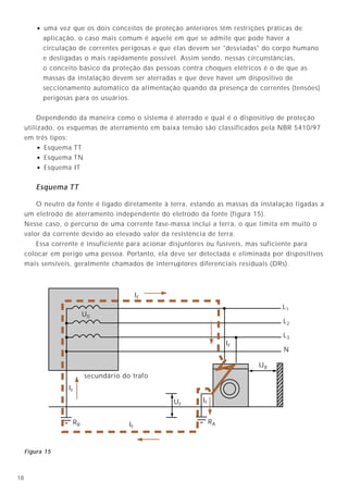 • uma vez que os dois conceitos de proteção anteriores têm restrições práticas de
           aplicação, o caso mais comum é aquele em que se admite que pode haver a
           circulação de correntes perigosas e que elas devem ser "desviadas" do corpo humano
           e desligadas o mais rapidamente possível. Assim sendo, nessas circunstâncias,
           o conceito básico da proteção das pessoas contra choques elétricos é o de que as
           massas da instalação devem ser aterradas e que deve haver um dispositivo de
           seccionamento automático da alimentação quando da presença de correntes (tensões)
           perigosas para os usuários.


         Dependendo da maneira como o sistema é aterrado e qual é o dispositivo de proteção
     utilizado, os esquemas de aterramento em baixa tensão são classificados pela NBR 5410/97
     em três tipos:
         • Esquema TT
         • Esquema TN
         • Esquema IT

         Esquema TT

         O neutro da fonte é ligado diretamente à terra, estando as massas da instalação ligadas a
     um eletrodo de aterramento independente do eletrodo da fonte (figura 15).
     Nesse caso, o percurso de uma corrente fase-massa inclui a terra, o que limita em muito o
     valor da corrente devido ao elevado valor da resistência de terra.
         Essa corrente é insuficiente para acionar disjuntores ou fusíveis, mas suficiente para
     colocar em perigo uma pessoa. Portanto, ela deve ser detectada e eliminada por dispositivos
     mais sensíveis, geralmente chamados de interruptores diferenciais residuais (DRs).



                                           IF
                                                                                     L1
                         U0
                                                                                     L2

                                                                                     L3
                                                                      IF
                                                                                     N

                                                                             UB
                         secundário do trafo
                  IF

                                                   UF       IF


                    RB                IF                         RA



     Figura 15



18
 