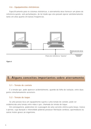 4.6 - Equipamentos eletrônicos

        Especificamente para os sistemas eletrônicos, o aterramento deve fornecer um plano de
    referência quieto, sem perturbações, de tal modo que eles possam operar satisfatoriamente
    tanto em altas quanto em baixas freqüências.




                                                                                Potencial de terra


                                                 Plano de referência ”Quieto“


    Figura 6




     5. A lguns conceitos importantes sobre aterramento

        5.1 - Tensão de contato

        É a tensão que pode aparecer acidentalmente, quando da falha de isolação, entre duas
    partes simultaneamente acessíveis.


        5.2 - Tensão de toque

        Se uma pessoa toca um equipamento sujeito a uma tensão de contato, pode ser
    estabelecida uma tensão entre mãos é pés, chamada de tensão de toque.
        Em consequência, poderemos ter a passagem de uma corrente elétrica pelo braço, tronco
    e pernas, cuja duração e intensidade poderão provocar fibrilação cardíaca, queimaduras ou
    outras lesões graves ao organismo.




6
 