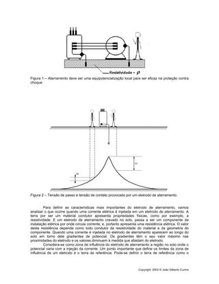 Copyright: 2003 © João Gilberto Cunha
Figura 1 – Aterramento deve ser uma equipotencialização local para ser eficaz na proteção contra
choque
Figura 2 – Tensão de passo e tensão de contato provocado por um eletrodo de aterramento.
Para definir as características mais importantes do eletrodo de aterramento, vamos
analisar o que ocorre quando uma corrente elétrica é injetada em um eletrodo de aterramento. A
terra por ser um material condutor apresenta propriedades físicas, como por exemplo, a
resistividade. E um eletrodo de aterramento cravado no solo, passa a ser um componente da
instalação elétrica por onde circula corrente, e, portanto apresenta uma resistência elétrica. O valor
desta resistência depende como todo condutor da resistividade do material e da geometria do
componente. Quando uma corrente é injetada no eletrodo de aterramento aparecem ao longo do
solo em torno dele gradientes de potencial. Os gradientes têm o seu valor máximo nas
proximidades do eletrodo e os valores diminuem à medida que afastam do eletrodo.
Considera-se como zona de influência do eletrodo de aterramento a região no solo onde o
potencial varia com a injeção da corrente. Um ponto importante que define os limites da zona de
influência de um eletrodo é o terra de referência. Pode-se definir o terra de referência como o
 