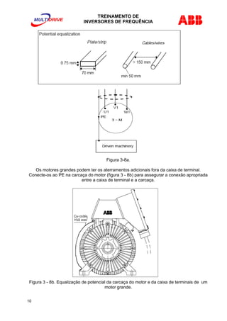 TREINAMENTO DE 
INVERSORES DE FREQUÊNCIA 
Figura 3-8a. 
Os motores grandes podem ter os aterramentos adicionais fora da caixa de terminal. 
Conecte-os ao PE na carcaça do motor (figura 3 - 8b) para assegurar a conexão apropriada 
entre a caixa de terminal e a carcaça. 
Figura 3 - 8b. Equalização de potencial da carcaça do motor e da caixa de terminais de um 
motor grande. 
10 
 
