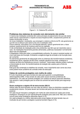 TREINAMENTO DE 
INVERSORES DE FREQUÊNCIA 
Figura 3 - 12. Sistema PE uniforme 
Problemas dos sistemas de conexão com aterramento não similar 
A maioria das instalações existentes têm outros princípios de aterramento dos que são dados 
neste manual, especialmente a respeito da baixa freqüência EMC, simplesmente partindo de 
hastes introduzidas na terra. 
As novas instalações / ampliações, que empregam o sistema uniforme de PE, são geralmente as 
que têm de se adequar para operar junto com a instalação velha. 
Outros sistemas, executados com uma filosofia diferente, operam geralmente bem, e fazer 
qualquer questionamento de mudança está fora de cogitação. 
A não similaridade de instalação pode criar problemas, que têm que ser resolvidos caso a 
caso. As instalações físicamente grandes (dimensões, potência) necessitam normalmente 
algum tipo de adaptação. 
A adaptação é feita para obter a compatibilidade suficiente. Às vezes é razoável aceitar um 
nível mais baixo de imunição. Entretanto a exigência legal de emissão e da imunição deve 
ser cumprida. 
Os elementos geralmente de adequação entre os sistemas são transformadores isoladores, 
acopladores óticos, ligações de fibra ótica, isolação galvânica de sinais analógicos e 
módulos de filtros de interferência comuns, indutores. Todos estes métodos podem melhorar 
a transmissão do sinal. Os transformadores de isolação são usados para a fonte de 
alimentação. 
Este guia não contempla os detalhes de conexão, mas é importante estar ciente das áreas 
onde poderá haver problema de conexão antes da execução. 
Cabos de controle protegidos com malha de cobre 
É muito importante usar tipos corretos de cabo parra garantir a compatibilidade 
eletromagnética EMC. O tipo errado de cabo pode causar enormes problemas de 
interferência. Um cabo de controle protegido com certeza irá reduzir possíveis distúrbios. 
Use sempre o cabo protegido para os sinais de controle de baixa tensão para segurança 
(SELV). 
Sinais analógicos e digitais I/O de baixa tensão (SELV) 
Utilizar cabo de sinal trançado com seu cabo de retorno, reduz os distúrbios causados pelo 
acoplamento indutivo. Os pares devem ser torcidos até perto dos terminais o máximo 
possível. 
Um cabo de par trançado e protegido com malha de cobre deverá ser usado para sinais 
analógicos. Empregue um par individualmente protegido para cada sinal. Não use o retorno 
comum para sinais analógicos diferentes (figura 3-13). 
Um cabo protegido é a melhor alternativa para sinais digitais de baixa tensão mas um 
multicabo de par torcido e protegido é possível também (figura 3-14). 
13 
 