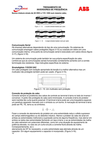 TREINAMENTO DE 
INVERSORES DE FREQUÊNCIA 
Nunca misture sinais de 24 VDC e 115 / 230 num mesmo cabo. 
Comunicação Serial 
Há diversas alternativas dependendo do tipo de uma comunicação. Os sistemas de 
comunicação empregam cabos protegidos (figura 3-13) ou coaxiais em dobro em uma 
comunicação interna. Uma parte da comunicação serial é executada com cabos óticos (figura 
3-17), (figura 3-18). 
Um sistema de comunicação pode também ter sua própria especificação de cabo. 
Lembre-se que as comunicações seriais funcionarão corretamente somente com a correta 
terminação dos resistores. Veja instruções específicas do sistema. 
Sinaisdigitais 115/230 VAC 
Um cabo protegido com isolação apropriada da tensão é a melhor alternativa mas um 
multicabo não protegido também pode ser usado. (Figura 3-15). 
Figura 3 - 15. Um multicabo sem proteção 
Conexão da proteção do cabo 
Conecte sempre os protetores dos cabos de controle ao terminal à terra no lado do inversor / 
conversor. A parte não protegida do cabo será minimizada. A conexão à terra do protetor 
será mantida tão curta quanto possível. O terminal à terra pode ser uma braçadeira especial, 
um parafuso separado marcado com o símbolo ou um borne. A marcação do terminal à terra 
pode ser PE, TE, terra ou os símbolos; 
Fazer a conexão de aterramento do protetor em uma extremidade reduz o efeito supressor 
do campo eletromagnético ou do distúrbio indutivo. Aterrar o protetor do cabo de sinal em 
ambas as extremidades melhorará a supressão acima de alguma freqüência, mas aterrar em 
ambos os lados das extremidades fechando um laço à terra, e se as extremidades da malha 
do cabo estiverem em potenciais diferentes, como em uma situação de equipamento de 
potência elevada, no caso de um curto-circuito a corrente fluirá através da malha. 
Conseqüentemente, se o 
aterramento de HF for necessário, a outra extremidade seja aterrada através de um 
capacitor. Em algum equipamento o capacitor é incorporado. (Figura 3-16). 
14 
 
