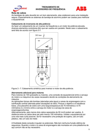 TREINAMENTO DE 
INVERSORES DE FREQUÊNCIA 
Rota de cabos 
As bandejas de cabo deverão ter um bom aterramento, elas colaboram para uma instalação 
segura. Especialmente os sistemas de bandeja de alumínio podem ser usadas para melhorar 
o equipotencial. 
Cabeamento de inversores de alta potência 
Ao fazer um cabeamento de um inversor de frequência e um motor de potência elevada, 
diversos elementos condutores têm que ser usados em paralelo. Neste caso o cabeamento 
será feito de acordo com figura 3-7. 
Figura 3 - 7. Cabeamento simétrico para inversor e motor de alta potência. 
Aterramento adicional para motores 
Para motores de 100 quilowatts ou maiores, uma conexão de equipotencial entre a carcaça 
do motor e a máquina é às vezes necessário devido às condições de aterramento da 
máquina. 
As aplicações típicas são bombas (aterradas pela água) e caixas de engrenagens com a 
lubrificação central (aterrada pelas tubulações do óleo). Porque o objetivo a é indutância 
baixa, uma placa/tira de cobre com uma largura/espessura de 70 milímetros x 0.75 
milímetros é o mínimo entre a carcaça do motor e a carcaça da caixa de 
engrenagens/bomba. 
Alternativamente, pelo menos dois cabos separados de 50 mm2 podem ser usados. A 
distância entre os cabos deve ser pelo menos 150 milímetros. Instale o equipotencial por 
uma rota mais curta possível. Se for necessário uma proteção de sujeira, use um tubo 
plástico, não um tubo de metal. 
A finalidade desta conexão é igualar os potenciais. Não tem nenhuma função elétrica de 
segurança. Quando o motor e a caixa de engrenagens são montados em uma plataforma de 
aço comum não se faz necessário. 
9 
 