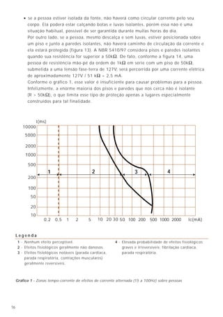• se a pessoa estiver isolada da fonte, não haverá como circular corrente pelo seu
corpo. Ela poderá estar calçando botas e luvas isolantes, porém essa não é uma
situação habitual, possível de ser garantida durante muitas horas do dia.
Por outro lado, se a pessoa, mesmo descalça e sem luvas, estiver posicionada sobre
um piso e junto a paredes isolantes, não haverá caminho de circulação da corrente e
ela estará protegida (figura 13). A NBR 5410/97 considera pisos e paredes isolantes
quando sua resistência for superior a 50kΩ. De fato, conforme a figura 14, uma
pessoa de resistência mão-pé da ordem de 1kΩ em série com um piso de 50kΩ,
submetida a uma tensão fase-terra de 127V, será percorrida por uma corrente elétrica
de aproximadamente 127V / 51 kΩ = 2,5 mA.
Conforme o gráfico 1, esse valor é insuficiente para causar problemas para a pessoa.
Infelizmente, a enorme maioria dos pisos e paredes que nos cerca não é isolante
(R > 50kΩ), o que limita esse tipo de proteção apenas a lugares especialmente
construídos para tal finalidade.
2516
9.4.4 - Aterramento de “ponto único”
Este método representa o passo seguinte na evolução dos sistemas de aterramento
dos equipamentos sensíveis, pois elimina do sistema isolado a sua principal
desvantagem, que é a falta de segurança pessoal originada da diferença de potencial
que pode aparecer entre as duas malhas.
As características principais desse método são:
• os equipamentos eletrônicos continuam isolados do painel de sustentação.
Suas barras de terra, também isoladas, são ligadas através de condutores
isolados, radiais, a uma barra de terra geral, comumente situada no quadro
de distribuição de força dos equipamentos. Esta barra também é isolada do
quadro de distribuição, mas conectada através de um cabo isolado a um
único ponto do sistema de aterramento de força. Portanto, equalizam-se as
duas malhas através desta conexão;
• as carcaças dos painéis de sustentação são ligadas ao sistema de aterramento
de força de forma convencional, isto é, de modo a permitir o retorno das
correntes de curtos-circuitos originadas pela falha na isolação de alimentação
de força dos equipamentos eletrônicos.
Quando existe um quadro de distribuição de força único para os referidos
equipamentos, a melhor forma é aterrar suas carcaças através de cabos isolados
ligados radialmente na barra do quadro de distribuição.
Este quadro pode possuir, portanto, três “barras de aterramento”:
• barra de neutro (ligada à carcaça do quadro);
• barra de terra, que recebe os cabos radiais de aterramento das carcaças dos
quadros de sustentação dos equipamentos eletrônicos (também ligada à
carcaça do quadro);
• barra de terra isolada da carcaça (própria para aterramento dos equipamentos
eletrônicos).
Esta última barra, como já descrito, está ligada através de cabos isolados radiais
nas barras de terra (barra de referência) dos equipamentos eletrônicos e a um único
ponto do sitema de força.
Gráfico 1 - Zonas tempo-corrente de efeitos de corrente alternada (15 a 100Hz) sobre pessoas
10000
5000
2000
1000
500
200
100
50
20
10
t(ms)
0,2 0,5 1 2 5 10 20 30 50 100 200 500 1000 2000 lc(mA)
1 432
1 - Nenhum efeito perceptível.
2 - Efeitos fisiológicos geralmente não danosos.
3 - Efeitos fisiológicos notáveis (parada cardíaca,
parada respiratória, contrações musculares)
geralmente reversíveis.
4 - Elevada probabilidade de efeitos fisiológicos
graves e irreversíveis: fibrilação cardíaca,
parada respiratória.
L e g e n d a
 