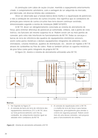 1328
7.2 - Conexões aos eletrodos
As conexões dos condutores de aterramento aos eletrodos são realizadas genericamente
por três sistemas:
a) Dispositivos mecânicos
São facilmente encontrados, simples de instalar e podem ser desconectados para
efeitos de medição de resistência de aterramento. Apresentam um desempenho
histórico satisfatório. Apesar de apresentarem, às vezes, problemas de corrosão,
se devidamente protegidas, essas conexões podem desempenhar um bom papel.
Recomenda-se que tais conexões estejam sempre acessíveis para inspeção e
manutenção;
b) Solda exotérmica
Esse método realiza uma conexão permanente e praticamente elimina a resistência
de contato e os problemas de corrosão, sendo ideal para as ligações diretamente
no solo. Requer o emprego de mão-de-obra especializada e não pode ser utilizada
em locais onde haja a presença de misturas explosivas;
c) Conexões por compressão
É fácil de instalar, apresenta uma baixa resistência de contato, porém não podem
ser desconectados para as medições de resistência de aterramento.
A construção com cabos de seção circular, mantido o espaçamento anteriormente
citado, é completamente satisfatória, com a vantagem de ser adquirida no mercado,
pré-fabricada, em diversas bitolas dos condutores.
Deve ser observado que a função básica desta malha é a equalização de potenciais
e não a condução de correntes de curtos-circuitos. Isto siginifica que os condutores de
proteção para retorno de curtos-circuitos fase-terra devem continuar existindo,
dimensionados segundo a norma de instalação (NBR 5410/97).
A M.T.R. dever ser obrigatoriamente conectada ao sistema de aterramento de
força, para eliminar diferença de potencial já comentada, embora, sob o ponto de vista
teórico, ela funcione até mesmo suspensa no ar. Podem existir um ou mais pontos de
conexão, pois estes não interferem no funcionamento da M.T.R. Todas as carcaças e
barras de terra de referência dos quadros de equipamentos eletrônicos sensíveis,
assim como partes metálicas e demais equipamentos integrantes do ambiente, como
eletrodutos, colunas metálicas, quadros de distribuição, etc., devem ser ligados à M.T.R.
através de cordoalhas ou fitas de cobre. Pode-se também utilizar os suportes metálicos
do piso falso como parte integrante da própria M.T.R.
A figura 22, mostra o sistema de aterramento utilizando uma M.T.R.
8. Aterramento e corrosão
O cobre, usualmente utilizado nos aterramentos, pode apresentar sérios efeitos de
corrosão na presença das estruturas de ferro ou aço que estão eletricamente conectadas
a ele, conforme indicado na figura 11. O problema é a corrosão galvânica, que acontece
quando dois metais diferentes, imersos em um meio apropriado (eletrólito), formam uma
pilha. A posição relativa de cada metal na série eletromotiva (tabela 1) determina a
diferença de potencial presente entre os dois metais e que é a responsável pela circulação
de uma corrente que sai do aço (ânodo), vai para o solo e entra no cobre (cátodo).
No caso em questão, o potencial do ferro é + 0,04V e do cobre - 0,34V, o que resulta em
uma tensão entre ambos de 0,38V.
A título de ordem de grandeza, uma corrente contínua de 1A, circulando durante
um ano, irá corroer 10kg de aço, 11kg de cobre, 35kg de chumbo ou 13kg de zinco!
A diferença de potencial entre dois metais irá influir na intensidade de corrente elétrica
que circulará entre ambos. A resistência da terra (que funciona como o eletrólito da pilha) é
que limita o fluxo de corrente. Portanto, solos com baixa resistividade podem resultar em
altas correntes, propiciando elevada corrosão galvânica.Figura 22 - Sistema de aterramento utilizando a M.T.R.
1 - Ver legenda na figura 21
2 - A conexão da barra de terra de referência dos
equipamentos eletrônicos (T.E.) à M.T.R. deve
ser feita preferencialmente com fita ou
cordoalha, de comprimento máximo igual ao
adotado entre condutores da M.T.R.
3 - A conexão de equalização entre a M.T.R.
e a malha de terra de força é para baixas
freqüências, principalmente para atender o
critério de segurança pessoal. Podem existir
mais de uma dessas conexões, sem prejuízo
para o funcionamento do sistema.
N o t a s
Sistema de
alimentação
de força
Quadro de distribuição
Equipamento
eletrônico
Equipamento
eletrônico
Malha de terra de força
Malha de terra
de referência
F
F
F
N
F F F N TP CPE
CPE
TE
TE
F
F
F
N
 