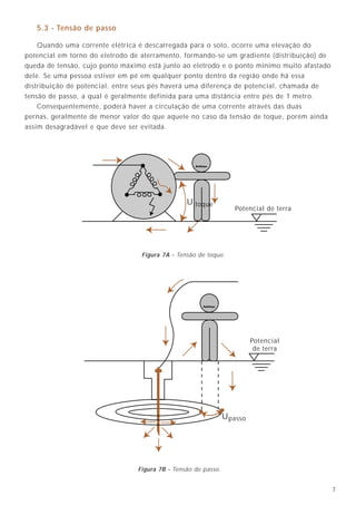 734
5.3 - Tensão de passo
Quando uma corrente elétrica é descarregada para o solo, ocorre uma elevação do
potencial em torno do eletrodo de aterramento, formando-se um gradiente (distribuição) de
queda de tensão, cujo ponto máximo está junto ao eletrodo e o ponto mínimo muito afastado
dele. Se uma pessoa estiver em pé em qualquer ponto dentro da região onde há essa
distribuição de potencial, entre seus pés haverá uma diferença de potencial, chamada de
tensão de passo, a qual é geralmente definida para uma distância entre pés de 1 metro.
Consequentemente, poderá haver a circulação de uma corrente através das duas
pernas, geralmente de menor valor do que aquele no caso da tensão de toque, porém ainda
assim desagradável e que deve ser evitada.
• escolher uma forma adequada de aterrar as blindagens dos cabos, levando-se
em conta a freqüência de comunicação e o sistema de aterramento utilizado.
Como recomendação geral, em baixas freqüências (dezenas de kHz), a
blindagem pode ser aterrada somente em uma extremidade. Já em altas
freqüências (centenas de kHz ou faixa de MHz), é recomendável o aterramento
nas duas extremidades. Neste último caso, a blindagem deve ser protegida por
um condutor externo ao cabo, bitola mínima 16mm2
(critério mecânico) a fim
de evitar que a mesma seja danificada por correntes transitórias.
O cabo em questão deve ser aterrado também nas duas extremidades.
9.4.12 - Complementos ao sistema de aterramento
Deve ser notado que, mesmo sendo uma malha de aterramento de melhor
concepção, a M.T.R. tem ação limitada pois atua apenas equalizando as barras de terra
dos equipamentos eletrônicos sensíveis a ela conectados através de condutores (fitas
ou cordoalhas) curtas.
Uma situação importante e bastante comum a ser analisada é a interconexão de
equipamentos situados em prédios ou locais distantes entre si.
Embora em cada prédio ou edifício possa existir uma malha de referência, se elas
forem interconectadas através de condutores longos, não se conseguirá equalizá-las
para altas freqüências.
Desta forma, podem surgir diferenças de potencial entre as malhas e, em uma
situação pior, podem ser induzidos surtos de tensão elevados nos cabos que fazem
a conexão dos equipamentos remotos.
Estes surtos são causados, geralmente, por descargas atmosféricas incidentes nos
edifícios ou nas proximidades dos mesmos, e penetram nos cartões de interface através
dos cabos, quer seja na forma de sinal de modo comum (condutores e terra), quer seja
no modo normal (entre condutores).
Em alguns casos, os valores dos surtos são tão elevados que os componentes
eletrônicos dos cartões são literalmente carbonizados. Embora esses surtos de tensão
possam ser atenuados por técnicas de instalação corretas (blindagem dos condutores
através de eletrodutos metálicos, por exemplo), a experiência tem mostrado que estas
técnicas são insuficientes ou, em alguns casos, impossíveis de serem aplicadas, pelo seu
custo excessivo. Nestes casos, a situação pode ser contornada através do emprego de
protetores de surtos adequados, cujo dimensionamento requer um estudo específico, ou
pelo emprego de fibra óptica.
Também podem ser acoplados surtos de tensão através das fontes de alimentação
de força, o que pode ser atenuado pelo emprego de transformadores de isolamento,
associados a protetores de surto convenientes.
Deve ser observado que os transformadores de isolamento atenuam a entrada
de surtos de modo comum (entre fases e terra), mas não evitam a passagem de surtos
no modo normal (entre fases), já que, neste caso, o acoplamento será realizado
através do próprio circuito magnético do transformador.
toqueU
Potencial de terra
passoU
Potencial
de terra
Figura 7A - Tensão de toque.
Figura 7B - Tensão de passo.
 