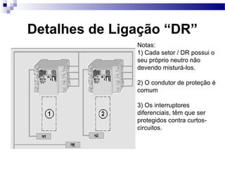 Detalhes de Ligação “DR”
Notas:
1) Cada setor / DR possui o
seu próprio neutro não
devendo misturá-los.
2) O condutor de proteção é
comum
3) Os interruptores
diferenciais, têm que ser
protegidos contra curtos-
circuitos.
 