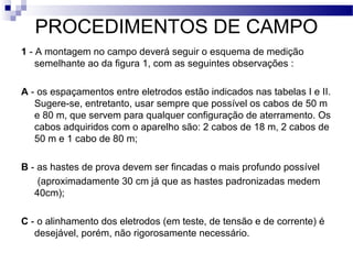 PROCEDIMENTOS DE CAMPO
1 - A montagem no campo deverá seguir o esquema de medição
semelhante ao da figura 1, com as seguintes observações :
A - os espaçamentos entre eletrodos estão indicados nas tabelas I e II.
Sugere-se, entretanto, usar sempre que possível os cabos de 50 m
e 80 m, que servem para qualquer configuração de aterramento. Os
cabos adquiridos com o aparelho são: 2 cabos de 18 m, 2 cabos de
50 m e 1 cabo de 80 m;
B - as hastes de prova devem ser fincadas o mais profundo possível
(aproximadamente 30 cm já que as hastes padronizadas medem
40cm);
C - o alinhamento dos eletrodos (em teste, de tensão e de corrente) é
desejável, porém, não rigorosamente necessário.
 