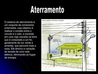 Aterramento O sistema de aterramento é um conjunto de condutores enterrados, cujo objetivo é realizar o contato entre o circuito e o solo, e consiste em uma viga cravada na terra que é conectado a um fio, geralmente de cor verde e amarela, que percorre toda a casa. Ele diminui a variação de tensão de uma rede elétrica, eliminando as fugas de energia.  
