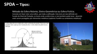SPDA – Tipos: 
Geradores e motores de 
Método da Esfera Consiste em fazer rolar contínua 
Rolante, Eletro-Geométrico ou Esfera Fictícia. 
uma esfera , por toda a edificação. Esta terá um raio definido em 
função do Nível de Proteção, os locais onde a esfera toca, o raio também pode tocar , devendo 
estes serem protegidos por elementos metálicos (captores Franklin ou condutores metálicos). 
 