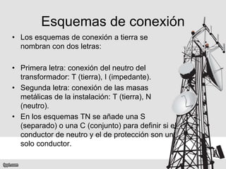 Esquemas de conexión
• Los esquemas de conexión a tierra se
nombran con dos letras:
• Primera letra: conexión del neutro del
transformador: T (tierra), I (impedante).
• Segunda letra: conexión de las masas
metálicas de la instalación: T (tierra), N
(neutro).
• En los esquemas TN se añade una S
(separado) o una C (conjunto) para definir si el
conductor de neutro y el de protección son un
solo conductor.
 