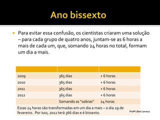    Para evitar essa confusão, os cientistas criaram uma solução
    – para cada grupo de quatro anos, juntam-se as 6 horas a
    mais de cada um, que, somando 24 horas no total, formam
    um dia a mais.



    2009                    365 dias                 + 6 horas
    2010                    365 dias                 + 6 horas
    2011                    365 dias                 + 6 horas
    2012                    365 dias                 + 6 horas
                            Somando as “sobras”      24 horas
    Essas 24 horas são transformadas em um dia a mais – o dia 29 de
                                                                      Profª Lilian Larroca
    fevereiro. Por isso, 2012 terá 366 dias e é bissexto.
 