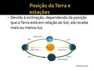    Devido à inclinação, dependendo da posição
    que a Terra está em relação ao Sol, ela recebe
    mais ou menos luz.




                                          Profª Lilian Larroca
 