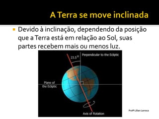    Devido à inclinação, dependendo da posição
    que a Terra está em relação ao Sol, suas
    partes recebem mais ou menos luz.




                                        Profª Lilian Larroca
 